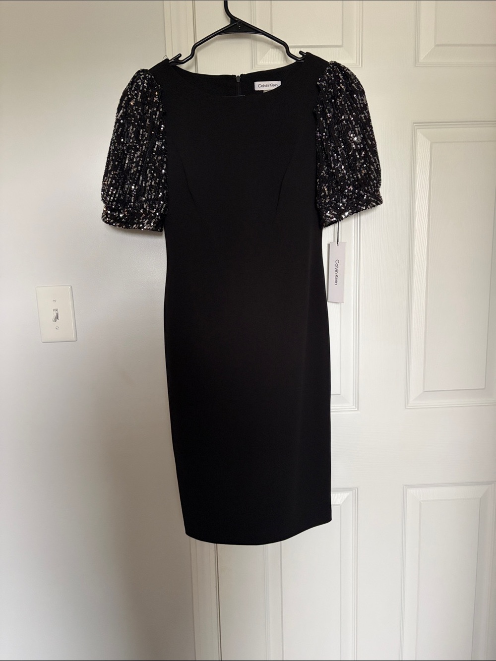 Calvin Klein Black Midi Dress with Sequin Puff Sleeves